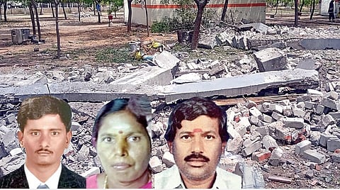 விருதுநகர் மாவட்டம் காரியாபட்டி அருகேயுள்ள வடகரை கிராமத்தில் பட்டாசு ஆலையில் நேரிட்ட வெடி விபத்தில் இடிந்து தரைமட்டமான அறை. (உள்படம்) விபத்தில் உயிரிழந்த கருப்பையா, சவுடம்மாள், கணேசன்