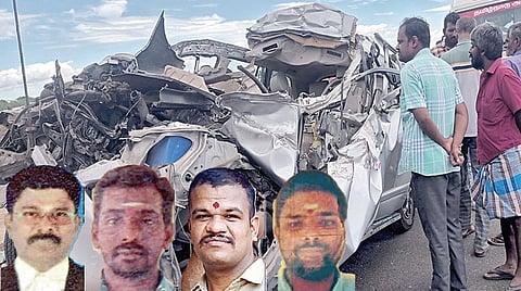 தூத்துக்குடி மாவட்டம் எட்டயபுரம் அருகே மேலக்கரந்தை பகுதியில் நேரிட்ட விபத்தில் நொறுங்கிய கார். ( உள்படம் ) தன ஜெயராமச்சந்திரன், தர் குமார், நவீன் குமார், வாசு ராமநாதன்.