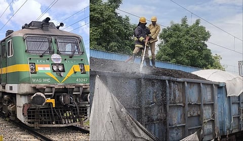 தூத்துக்குடி துறைமுகத்தில் இருந்து நிலக்கரி ஏற்றி வந்த சரக்கு ரயிலில் ஏற்பட்ட தீயை தீயணைப்பு மற்றும் மீட்பு படையினர் அணைத்தனர்