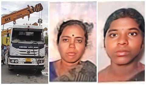 பல்லடம் நான்கு சாலை சந்திப்பில் கன்டெய்னர் லாரி சரிந்து விபத்து: தாய், மகள் பரிதாபமாக உயிரிழப்பு