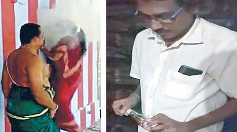 ஸ்ரீவில்லிபுத்தூர் பெரிய மாரியம்மன் கோயிலில் பெண் பணியாளர் முகத்தில் அர்ச்சகர் விபூதி அடித்து விளையாடுவதாக சமூக வலைதளங்களில் பரவும் காட்சி. (அடுத்த படம்) கோயில் அலுவலகத்தில் அறநிலையத் துறை ஊழியர் கார்த்திக், மது பாட்டிலுடன் இருப்பதாக சமூக வலைதளங்களில் பரவும் காட்சி.