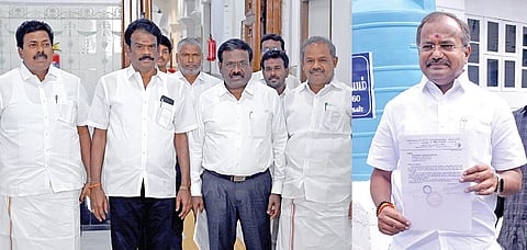 பாமக கொறடவாக உள்ள இரா.அருளை அப்பதவியில் இருந்து மாற்றுமாறு பேரவைத் தலைவரிடம் மனு அளிக்க வந்த பாமக எம்எல்ஏக்கள் வெங்கடேசன், சிவக்குமார், சதாசிவம் மற்றும் வழக்கறிஞர் பாலு. (அடுத்த படம்) பேரவை செயலரிடம் மனு அளிக்க வந்த இரா.அருள். படம்: எஸ்.சத்தியசீலன்