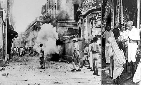 இடது: 1946-ஆம் ஆண்டு வங்காளத்தில் ஏற்பட்ட இந்து - முஸ்லீம் கலவரம் | வலது: நவகாளி யாத்திரையின்போது பாதிக்கப்பட்ட மக்களிடம் உரையாடிய காந்தி.