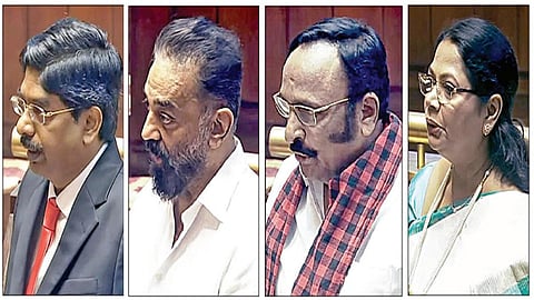 மாநிலங்களவை எம்.பி.யாக நேற்று பதவியேற்ற பி.வில்சன், கமல்ஹாசன், எஸ்.ஆர்.சிவலிங்கம், கவிஞர் சல்மா.