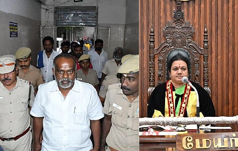 போலீஸாரால் கைது செய்யப்பட்ட மதுரை மாநகராட்சி மேயரின் கணவர் பொன் வசந்த் | இடது: மதுரை மேயர் இந்திராணி | படங்கள்: எஸ்.கிருஷ்ணமூர்த்தி