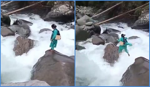 இமாச்சல பிரதேசத்தில் குழந்தைக்கு தடுப்பூசி போடுவதற்காக சென்ற நர்ஸ், ஆற்றைக் கடக்க ஒரு பாறையிலிருந்து மற்றொரு பாறைக்கு தாவி குதித்தார்.