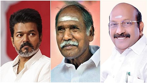 தவெக தலைவர் விஜய், புதுச்சேரி முதல்வர் ரங்கசாமி, பாஜக புதுச்சேரி மாநில தலைவர் வி.பி.ராமலிங்கம்