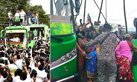 இடது: கம்பத்தில் பிரச்சாரம் மேற்கொண்ட அதிமுக பொதுச் செயலாளர் பழனிசாமி. | கம்பம் அருகே அனுமந்தன்பட்டியில் பழனிசாமி வாகனத்தை முற்றுகையிட்டு வழிமறித்த பெண்கள்