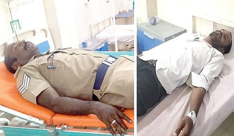 மருத்துவமனையில் அனுமதிக்கப்பட்டுள்ள காவலர் பிரபாகரன் மற்றும் கோயில் கண்காணிப்பாளர் விவேக்.