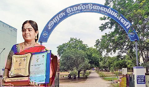 கண்ணங்குடி அரசு மேல்நிலைப் பள்ளி. ( உள்படம்) - விருதுகளுடன் தலைமை ஆசிரியர் மு.பாக்கியம்.