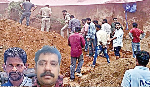 ரிசார்ட்ஸ் சரிந்து விழுந்து 2 பேர் உயிரிழந்த இடத்தை ஆய்வு செய்த வருவாய்த் துறையினர். (உள்படம்) பென்னி, ராஜீவ்