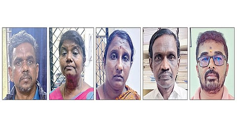 கைது செய்யப்பட்ட ஷாம் கணேஷ், ஜோஸ்பின், இந்திரா, செல்வராஜ், நாதமுரளி.