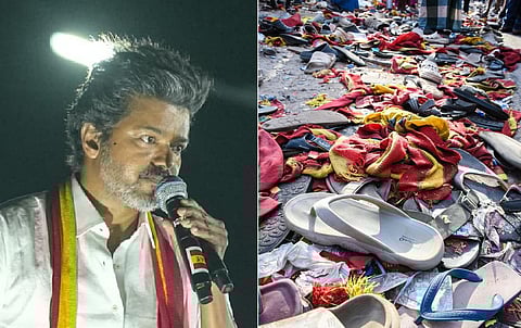 இடது: தவெக தலைவர் விஜய் | வலது: கரூரில் நெரிசல் ஏற்பட்ட இடம்