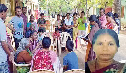 கரூரில் உயிரிழந்த சுகன்யா குடும்பத்தினரிடம் நேற்று விசாரணை நடத்திய ஓய்வுபெற்ற நீதிபதி அருணா ஜெகதீசன். (உள்படம்) சுகன்யா.