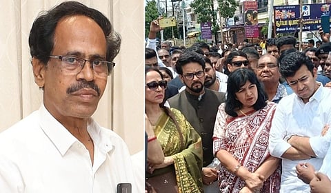 வலது: மு.வீரபாண்டியன் | இடது: தேசிய ஜனநாயகக் கூட்டணி எம்பிக்கள் குழு கரூரில் ஆய்வு.