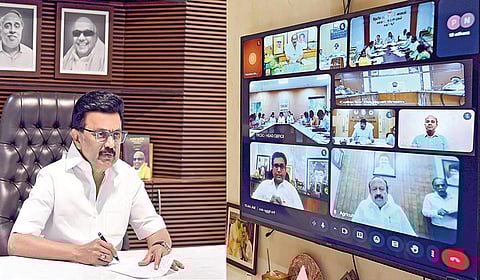 நாகப்பட்டினம், திருவாரூர், மயிலாடுதுறை, தஞ்சாவூர், கடலூர், திருச்சி, அரியலூர் ஆகிய மாவட்ட ஆட்சித் தலைவர்களுடன் நெல் கொள்முதல், சேமிப்பு, இருப்பு, நகர்வு மற்றும் அரவை தொடர்பான ஆலோசனைக் கூட்டம் காணொலி வாயிலாக முதல்வர் மு.க.ஸ்டாலின் தலைமையில் முகாம் அலுவலகத்தில் நடைபெற்றது.