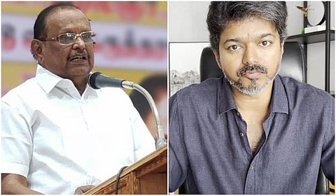 அமைச்சர் ரகுபதி (இடது), தவெக தலைவர் விஜய் (இடது).