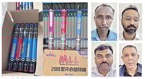 சீனாவில் இருந்து தூத்துக்குடிக்கு கப்பல் மூலம் கடத்தி வரப்பட்ட பட்டாசுகள், கைது செய்யப்பட்டவர்கள்.