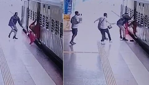 அரியலூரில் ஓடும் ரயிலில் ஏற முயன்று விழுந்த பெண்ணை பத்திரமாக மீட்ட ரயில்வே போலீஸார்