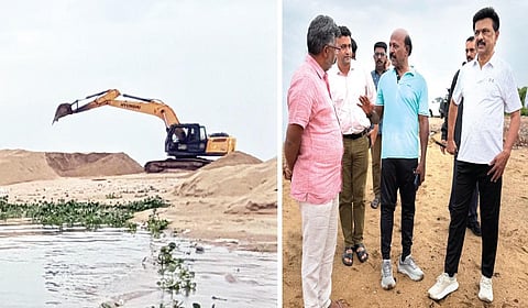 சென்னை சீனிவாசபுரம் அருகில் அடையாறு ஆறு கடலில் கலக்கும் முகத்துவாரத்தில் நடைபெறும் தூர்வாரும் பணிகளை முதல்வர் மு.க.ஸ்டாலின் நேற்று பார்வையிட்டார். உடன் அமைச்சர் மா.சுப்பிரமணியன், நா.எழிலன் எம்எல்ஏ, மற்றும் அதிகாரிகள் உள்ளிட்டோர்.