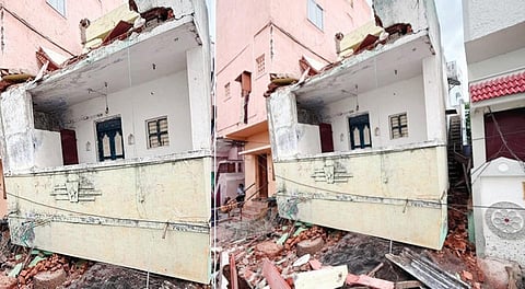 திருச்சி கீழரண் சாலை பகுதியில் 10 அடி ஆழத்துக்கு மண்ணில் புதைந்த வீடு - படம்:ர.செல்வமுத்துகுமார்.