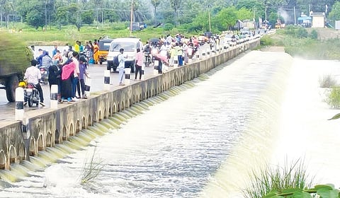 வேலூர் விரிஞ்சிபுரம் பாலாற்றில் ஆர்ப்பரித்து செல்லும் வெள்ளத்தை தரைப்பாலத்தில் நின்றபடி ரசித்த பொதுமக்கள்.