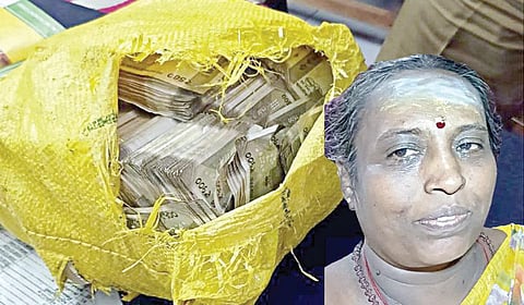 சாக்கு மூட்டையில் கட்டுக்கட்டாக இருந்த பணம். (உள்படம்) செல்வமாலினி.