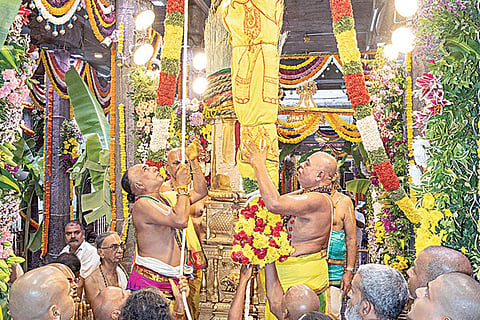 பத்மாவதி தாயார் கோயில் பிரம்மோற்சவ விழாவினை யொட்டி, நேற்று கொடி ஏற்றப்பட்டது.