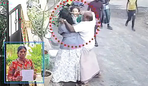 பல் மருத்துவ உதவியாளர் மகேஸ்வரியை தாக்கும் திமுக ஒன்றிய செயலாளரின் சகோதரர் ராஜா. | உள்படம்: தாக்குதலுக்கு ஆளான மகேஸ்வரி |