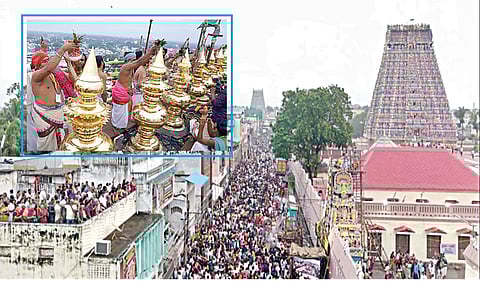 கும்பகோணம் ஆதிகும்பேஸ்வரர் கோயில் கும்பாபிஷேகம் நேற்று நடைபெற்றது. இதில் ஆயிரக்கணக்கான பக்தர்கள் கலந்து கொண்டனர். (உள்படம்) ராஜகோபுர கும்பங்களுக்கு புனிதநீர் ஊற்றிய சிவாச்சாரியார்கள்.