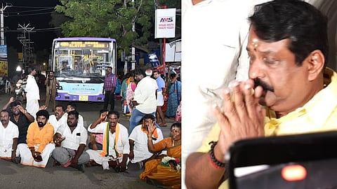 இடது: நயினார் நாகேந்திரனை கைதை கண்டித்து  திருப்பரங்குன்றம் ஜிஎஸ்டி சாலையில் பாஜகவினர் மறியல். | படம்: எஸ். கிருஷ்ணமூர்த்தி