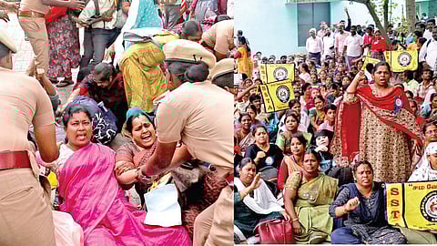போராட்டத்தில் ஈடுபட்ட ஆசிரியர்களை குண்டு கட்டாகத் தூக்கி அங்கிருந்து வெளியேற்றிய போலீஸார்.&nbsp;(அடுத்த படம்) சம வேலைக்கு சம ஊதியம் வழங்கக்கோரி, எழும்பூரில் உள்ள மாவட்ட முதன்மைக் கல்வி அதிகாரி அலுவலக வளாகத்தில் நேற்று போராட்டத்தில் ஈடுபட்ட இடைநிலை ஆசிரியர்கள். படங்கள்: ம.பிரபு