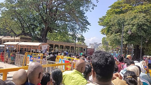 வெயிலில் முருகனை தரிசிக்க வரிசையில் காத்திருக்கும் பக்தர்கள்.