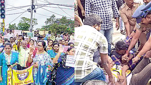 சம வேலைக்கு சம ஊதியம் வழங்க வலியுறுத்தி சென்னையில் இடைநிலை ஆசிரியர்கள் நேற்று 7-வது நாளாக போராட்டத்தில் ஈடுபட்டனர். எழும்பூரில் வட்டாரக் கல்வி அலுவலகம் முன்பு போராட்டம் நடத்திய 1,000-க்கும் மேற்பட்ட ஆசிரியர்களை போலீஸார் குண்டுக் கட்டாக தூக்கிச் சென்று கைது செய்தனர்.