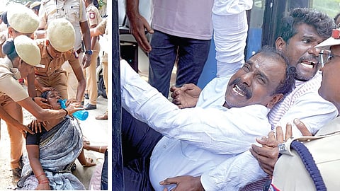 சம வேலைக்கு சம ஊதியம் கோரி இடைநிலை ஆசிரியர்கள் 8-வது நாளாக சென்னை ஆட்சியர் அலுவலகம் அருகில் நேற்று போராட்டம் நடத்தினர். போராட்டத்தில் ஈடுபட்ட ஆசிரியர்களை போலீஸார் கைது செய்தனர். | படங்கள்: எல்.சீனிவாசன் |