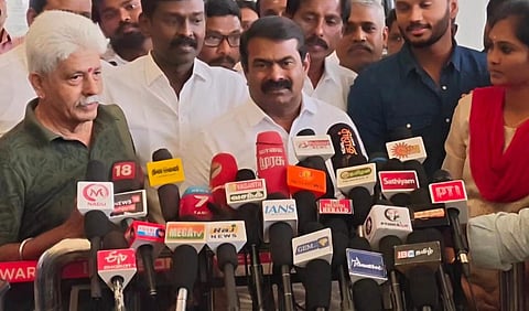 கோவை விமான நிலையத்தில் செய்தியாளர்களிடம் பேசிய நாம் தமிழர் கட்சியின் ஒருங்கிணைப்பாளர் சீமான்.