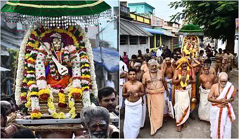 தியாகராஜர் வாழ்ந்த அவரது இல்லத்தில் இருந்து மேளதாளங்கள் முழங்க புறப்பட்ட உஞ்ச விருத்தி திருமஞ்சன வீதி, தெற்கு வீதி வழியாக சந்நிதியை சென்றடைந்தது.