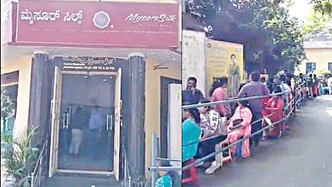 மைசூரு பட்டுப் புடவைகளை வாங்குவதற்காக கடை வாசலில் வரிசையில் காத்திருந்த பொதுமக்கள்.