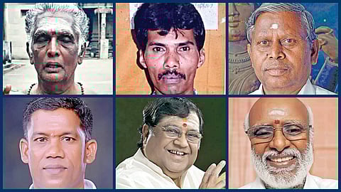 பத்மஸ்ரீ விருதாளர்கள் (இடமிருந்து) சாமிநாதன், கிருஷ்ணன், ராஜா ஸ்தபதி, பழனிவேல், பக்தவத்சலம், புண்ணியமூர்த்தி.