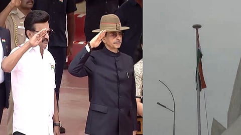 77-வது குடியரசு தினத்தை முன்னிட்டு சென்னையில் தேசியக் கொடியை ஏற்றிய ஆளுநர் ரவி. உடன் முதல்வர் ஸ்டாலின். 