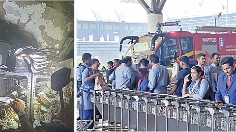 சென்னை விமான நிலையத்​தில் உள்ள தனி​யார் விமான நிறுவன அலுவலகத்​தில் ஏற்பட்ட தீ விபத்தில் எரிந்து நாசமான ஆவணங்கள், கோப்புகள். (அடுத்த படம்) அலுவலகத்தில் இருந்து வெளியேற்றப்பட்ட ஊழியர்கள், பயணிகள். | படங்கள்: எம்.முத்துகணேஷ் |