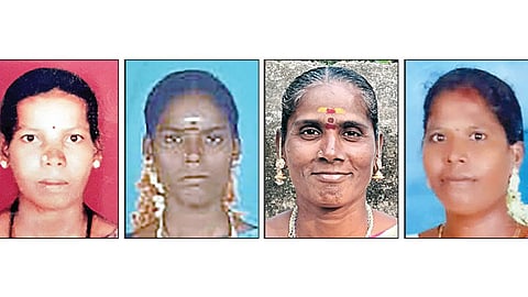 பெரம்பலூர் மாவட்டம் சிறுவாச்சூர் அருகே கார் மோதியதில் உயிரிழந்த மலர்க்கொடி, சசிகலா, விஜயலட்சுமி, சித்ரா.