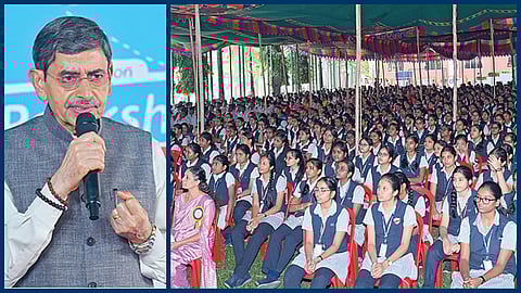 திருவள்ளூர் மாவட்டம் திருவேற்காடு பகுதியில் உள்ள ஆர்எம்கே பள்ளியில் நடைபெற்ற `பரிக்‌ஷா பே சர்ச்சா’ நிகழ்ச்சியில் மாணவர்களிடையே பேசினார் ஆளுநர் ஆர்.என்.ரவி.