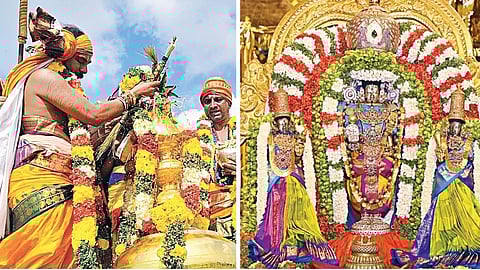 திருக்கோஷ்டியூர் சவுமிய நாராயண பெருமாள் கோயில் கும்பாபிஷேகத்தையொட்டி தங்க கோபுரத்துக்கு ஊற்றப்பட்ட புனிதநீர்.  (அடுத்த படம்) சிறப்பு அலங்காரத்தில் ஸ்ரீதேவி, பூதேவியுடன் பெருமாள்.