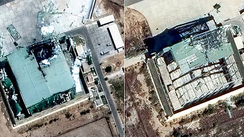 (இடதுபுற படம்) பாகிஸ்தான் விமானப்படை தளமான போலாரி ஹேங்கர் கூரையில் தாக்குதலுக்கு பிறகு எடுக்கப்பட்ட படம் - (வலதுபுற படம்) தற்போது சீரமைப்பு பணி நடைபெறும் போலாரி ஹேங்கர் விமானப்படை தளம்