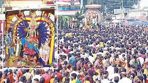 மேல்மலையனூர் அங்காளம்மன் கோயிலில் நடைபெற்ற மயான கொள்ளை விழாவில் அம்மனின் உற்சவத்தை காண திரண்டிருந்த பக்தர்கள். (உள்படம்)&nbsp;விஸ்வரூப அலங்காரத்தில் எழுந்தருளிய அங்காளம்மன். 