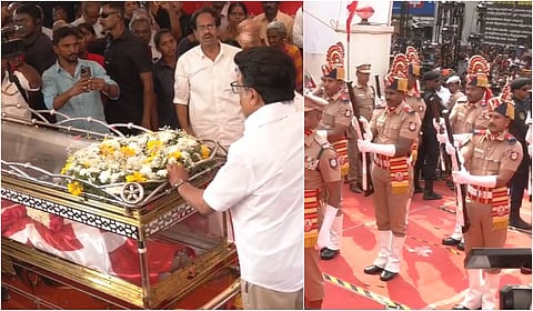 இந்திய கம்யூனிஸ்ட் கட்சியின் மூத்த தலைவர்ஆர்.நல்லகண்ணு உடலுக்கு அஞ்சலி செலுத்தும் முதல்வர் ஸ்டாலின் மற்றும் அரசு மரியாதை செலுத்தப்பட்ட நிகழ்வு