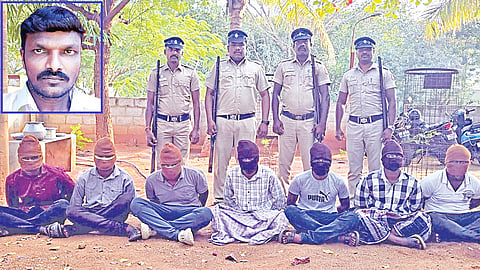 கொலைச் சம்பவம் தொடர்பாக கைது செய்யப்பட்ட 7 பேர். (உள்படம்) கொல்லப்பட்ட ஜான்.