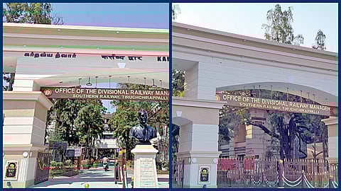 திருச்சி கோட்ட ரயில்வே மேலாளர் அலுவலக நுழைவு வாயிலில் ‘கர்தவ்ய த்வார்’ என இந்தி, ஆங்கிலம், தமிழில் இருந்த எழுத்துகள். (அடுத்த படம்) திமுகவினர் போராட்டத்தை தொடர்ந்து அகற்றப்பட்ட எழுத்துகள்.  