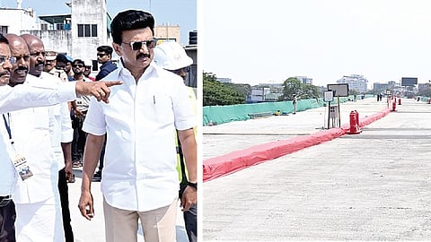 தேனாம்பேட்டை முதல் சைதாப்பேட்டை வரை கட்டப்பட்டு வரும் நான்கு வழித்தட உயர்மட்டச் சாலையின் கட்டுமானப் பணிகளை முதல்வர் மு.க.ஸ்டாலின்  நேற்று ஆய்வு செய்தார்.